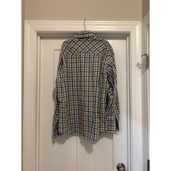 Wrangler Wrancher Western Pearl Snap XL Button Down LS Plaid Yellow Blue Vintage - Picture 4 of 4